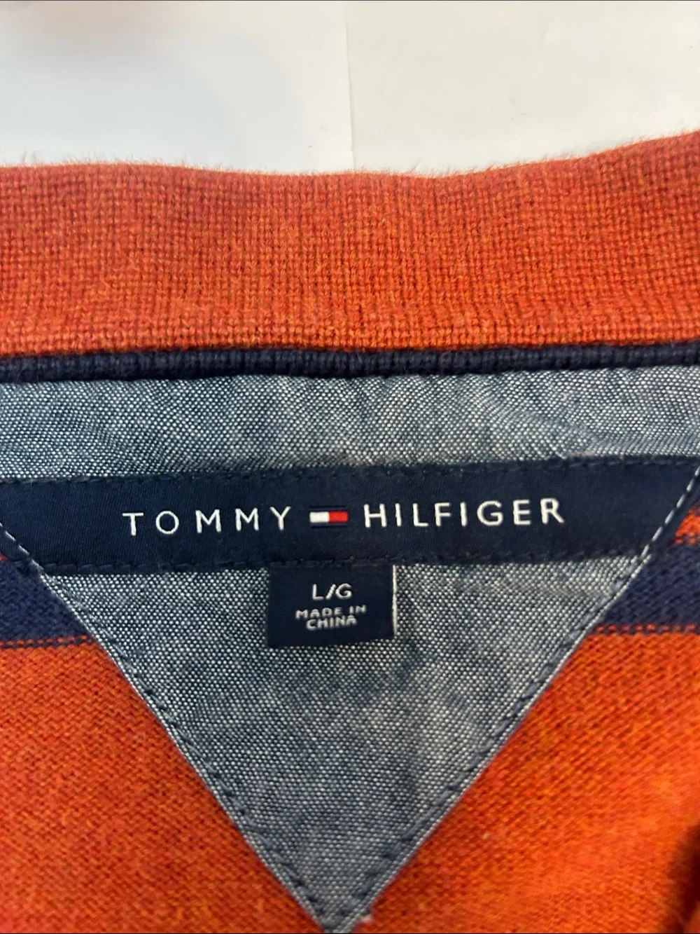 Tommy Hilfiger Men's Rust and Navy Striped V-Neck Cardigan